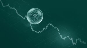 AI stock bubble concept — circuit-style bubble floating above a financial chart.
