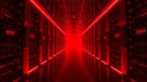 Futuristic data center with red-lit AMD Helios rack-scale AI servers symbolizing AMD’s growth in the AI hardware market.