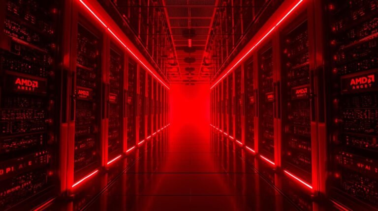 Futuristic data center with red-lit AMD Helios rack-scale AI servers symbolizing AMD’s growth in the AI hardware market.