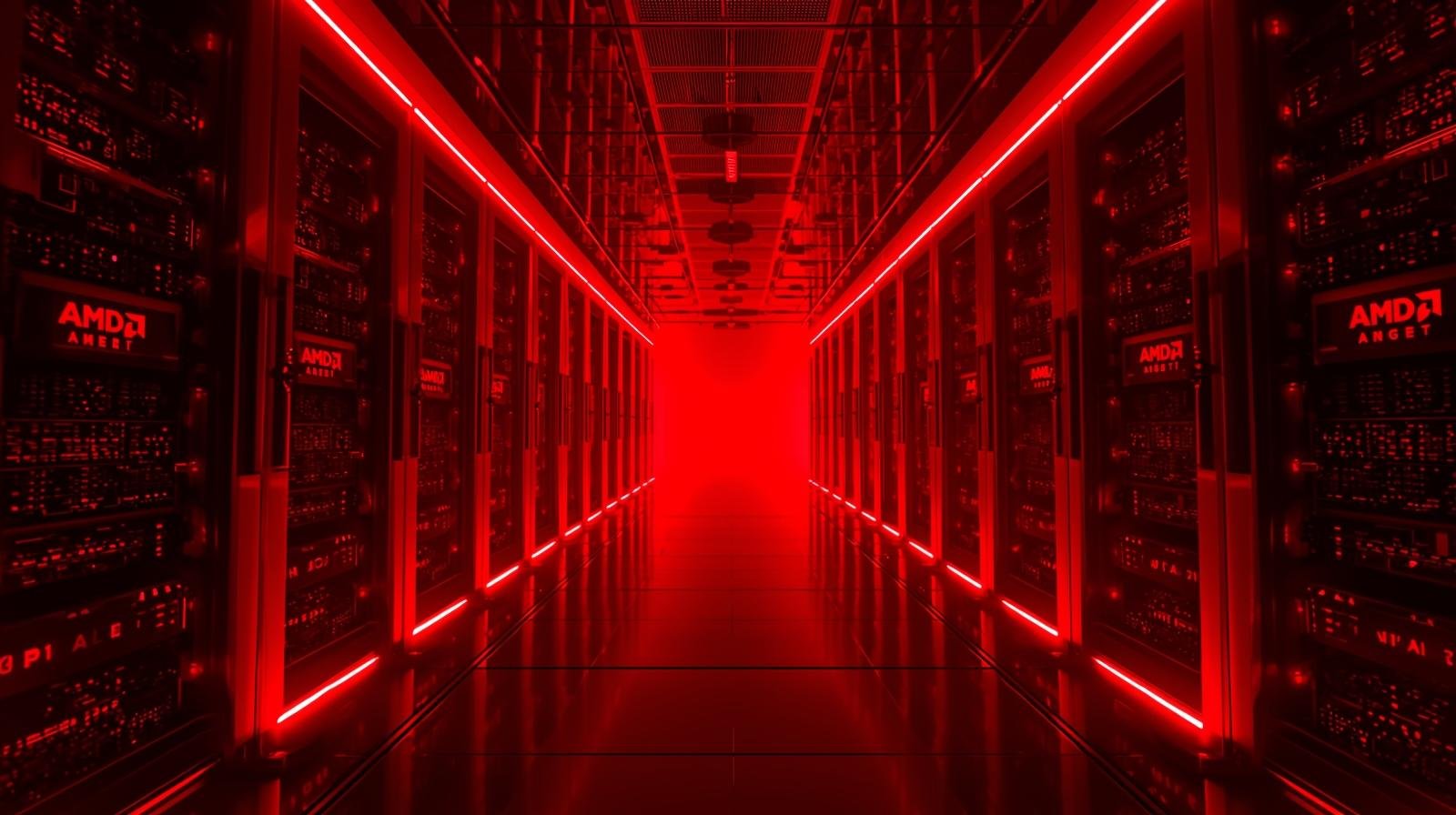 Futuristic data center with red-lit AMD Helios rack-scale AI servers symbolizing AMD’s growth in the AI hardware market.