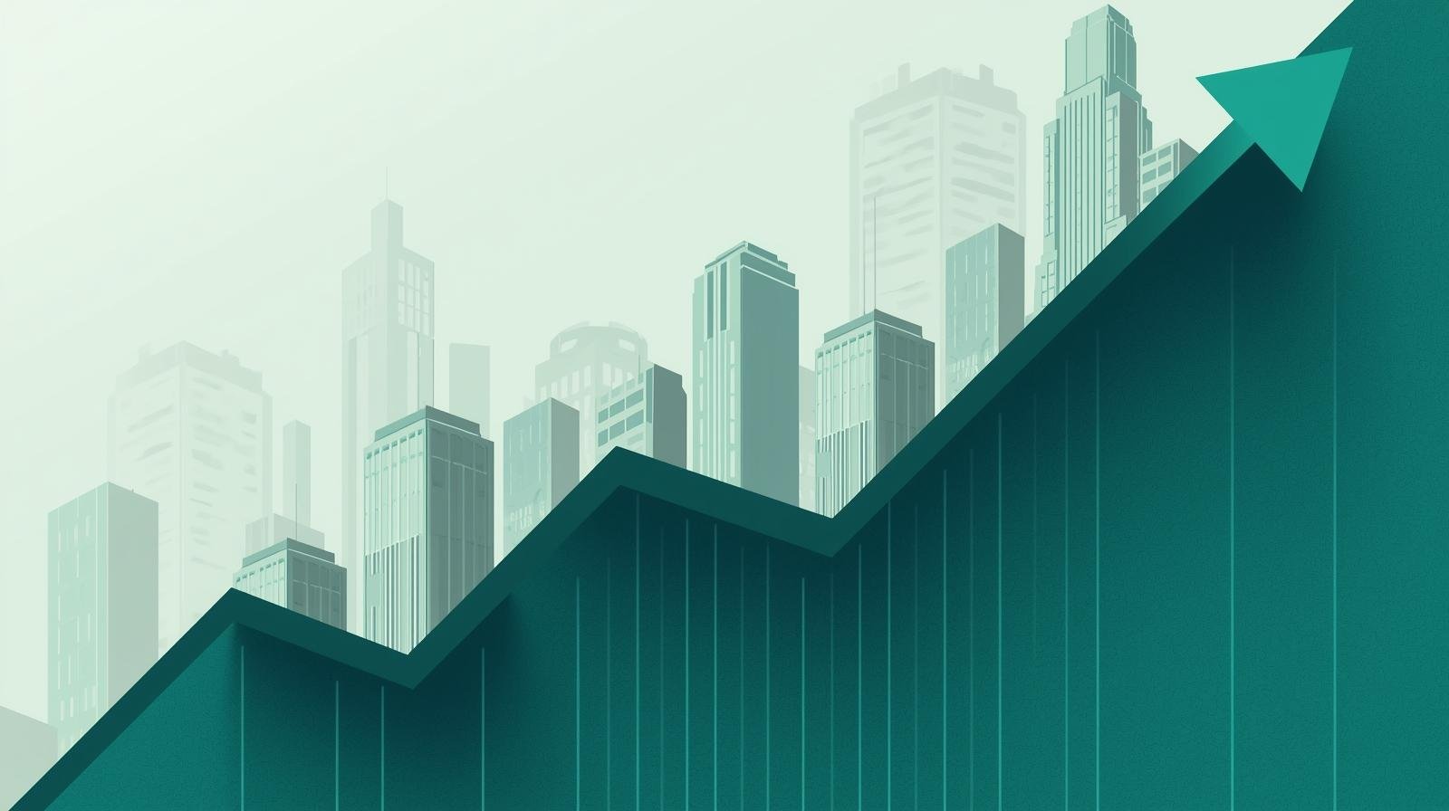 Illustration of corporate bonds and financial markets showing upward trend and skyscrapers symbolizing corporate growth.