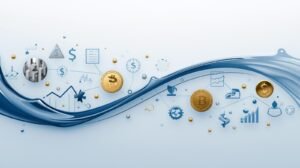 Abstract 3D illustration symbolizing interconnected financial markets, showing flowing blue wave with icons of Bitcoin, dollar, charts, and global economy — representing rising correlations between assets.