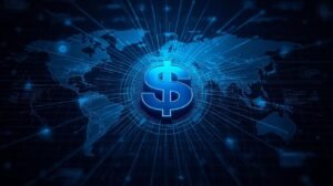 Futuristic concept image showing global dollar dominance and digital finance transition.