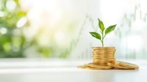 Illustration of sustainable investing concept — green plant growing on gold coins with stock chart background, symbolizing undervalued ESG stocks under $10.