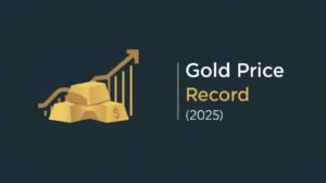 “Illustration of gold bars, a rising chart, and a gold coin symbolizing the gold price record in 2025, with bold text reading ‘Gold Price Record 2025’ on a dark blue background.”