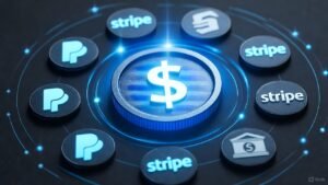 Digital dollar coin symbolizing stablecoins adoption by fintech companies like PayPal and Stripe