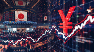 Japan new prime minister economy — concept of Japanese financial markets with stock charts, yen currency, and Tokyo Stock Exchange screens symbolizing economic outlook.