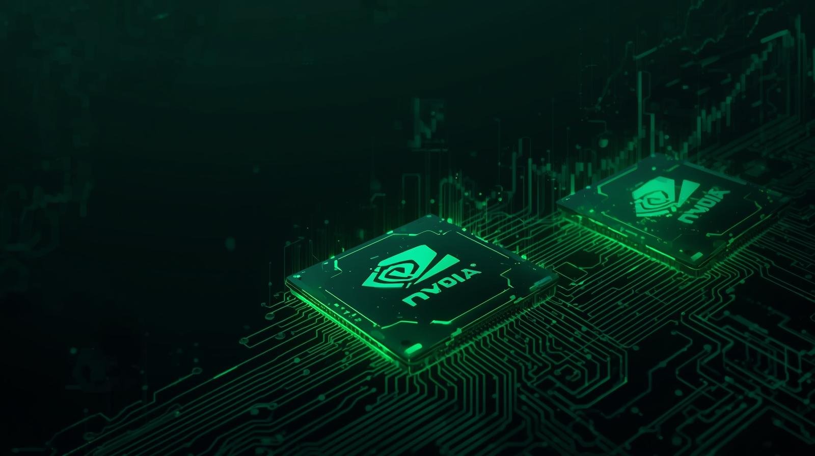 Illustration of Nvidia AI chips with glowing green circuitry and stock market trend lines in the background