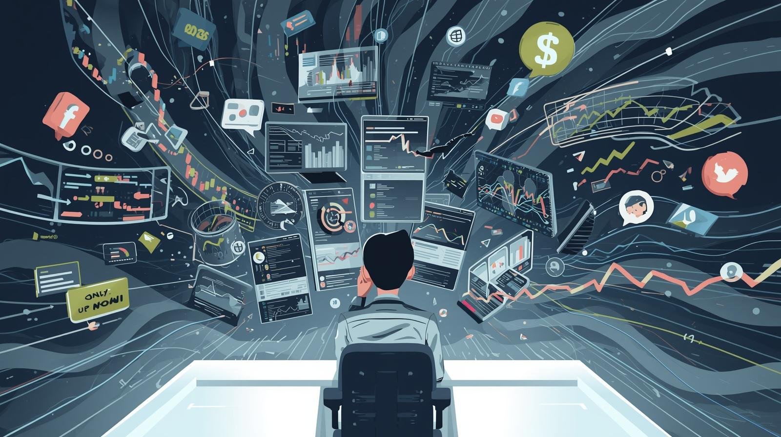 Illustration of a trader overwhelmed by data and social media hype, symbolizing information overload in financial markets 2025.