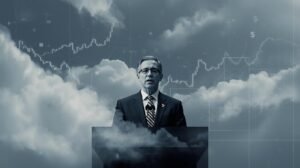 Fed chair at a press conference with financial charts fading behind him, representing how Federal Reserve messaging shapes market psychology.