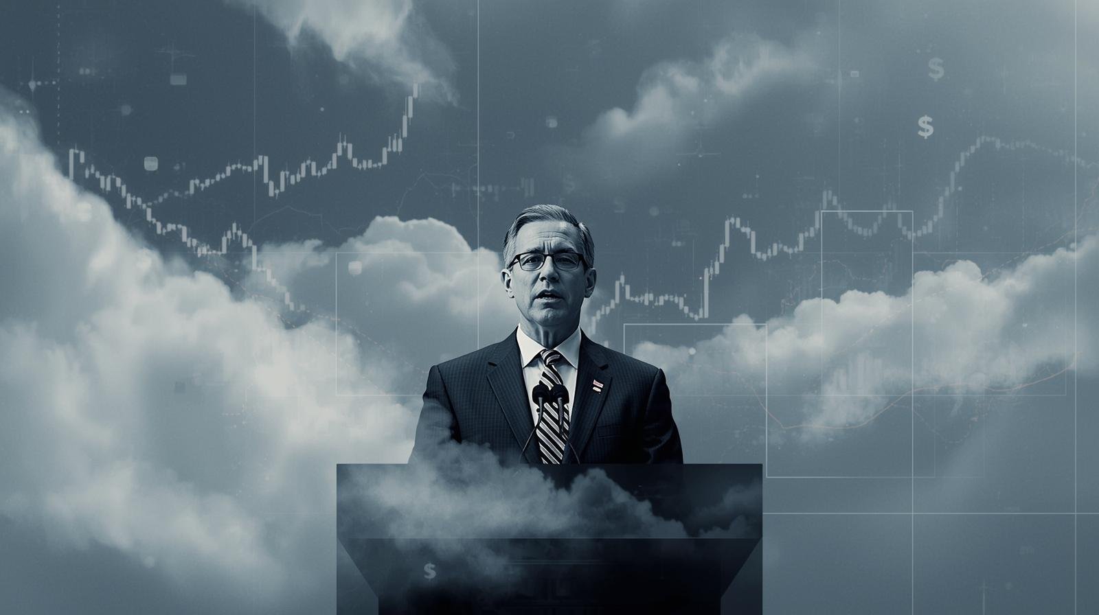 Fed chair at a press conference with financial charts fading behind him, representing how Federal Reserve messaging shapes market psychology.