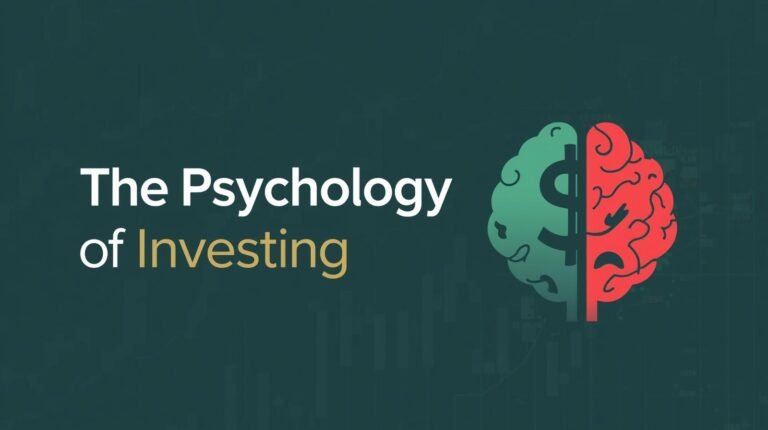 Graphic titled 'The Psychology of Investing – How Emotions Shape Market Decisions,' showing icons of a gold dollar sign and a red heart symbolizing greed and fear, on a dark blue background with modern typography