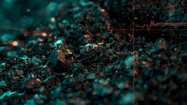 Rare earth market 2025 concept — metallic minerals glowing under light, symbolizing global technology and energy supply chains.