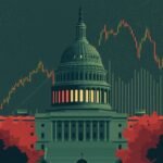 Illustration of the U.S. Capitol building dimmed beside a fluctuating stock chart, symbolizing the 2025 government shutdown and its impact on financial markets.