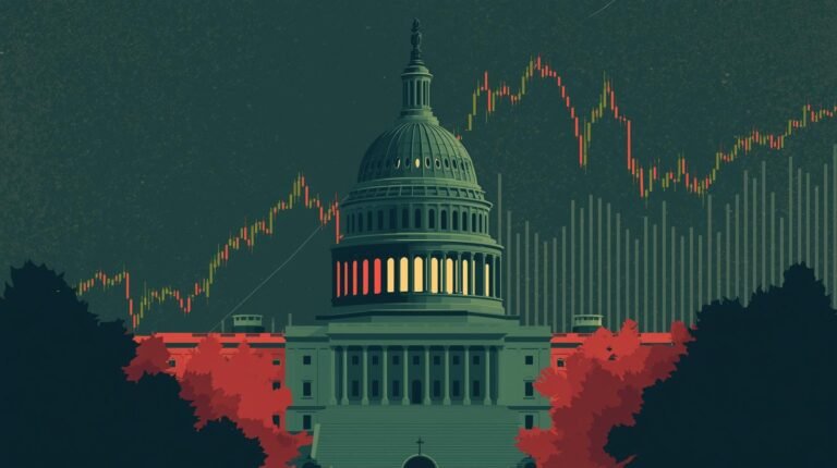 Illustration of the U.S. Capitol building dimmed beside a fluctuating stock chart, symbolizing the 2025 government shutdown and its impact on financial markets.