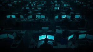 Dimly lit trading floor with mostly empty desks and glowing computer screens, symbolizing institutional investors’ quiet caution during a bullish market