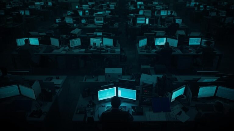 Dimly lit trading floor with mostly empty desks and glowing computer screens, symbolizing institutional investors’ quiet caution during a bullish market