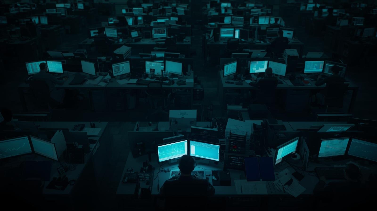 Dimly lit trading floor with mostly empty desks and glowing computer screens, symbolizing institutional investors’ quiet caution during a bullish market