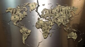 World map breaking apart with U.S. and China marked by trade tension lines, symbolizing the impact of tariffs on global trade.