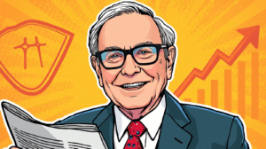 Illustration of Warren Buffett smiling while holding a newspaper, set against a bright orange background with rising stock chart symbols — representing his legacy of long-term investing and financial growth.