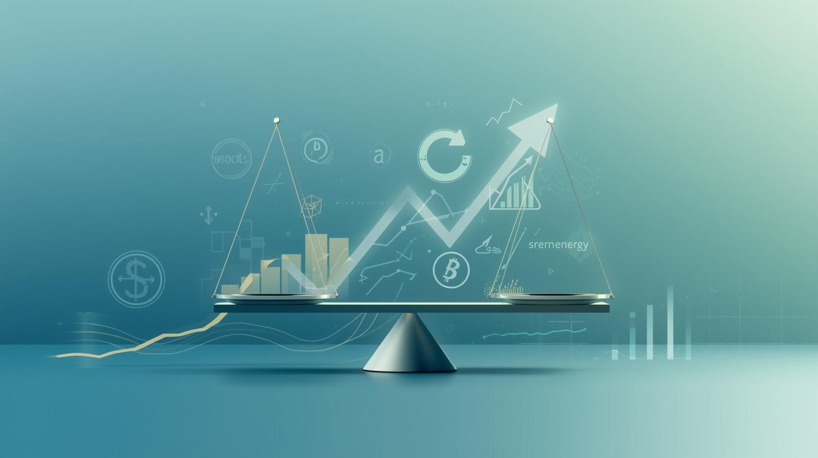 Abstract illustration of a balanced investment scale with rising charts and financial symbols, representing diversification and growth in a recession-proof portfolio.