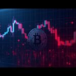 Visual of a Bitcoin price cycle showing peaks and drops in a neon-lit market style.