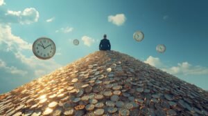 A person in a business suit sits calmly atop a hill made of golden coins, surrounded by floating clocks in the sky, symbolizing the connection between time, patience, and wealth accumulation
