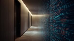 A modern, dimly lit hotel hallway with a wall dissolving into lines of computer code, symbolizing the collapse of tech-driven hospitality and the digital unraveling of Sonder’s business model.