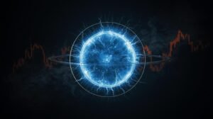 Glowing fusion plasma sphere against a dark background with faint oil market candlestick charts — GreenCandlesHub.com