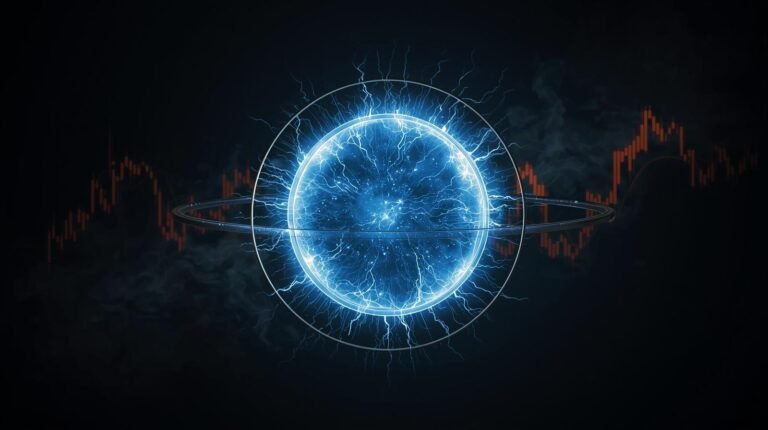 Glowing fusion plasma sphere against a dark background with faint oil market candlestick charts — GreenCandlesHub.com