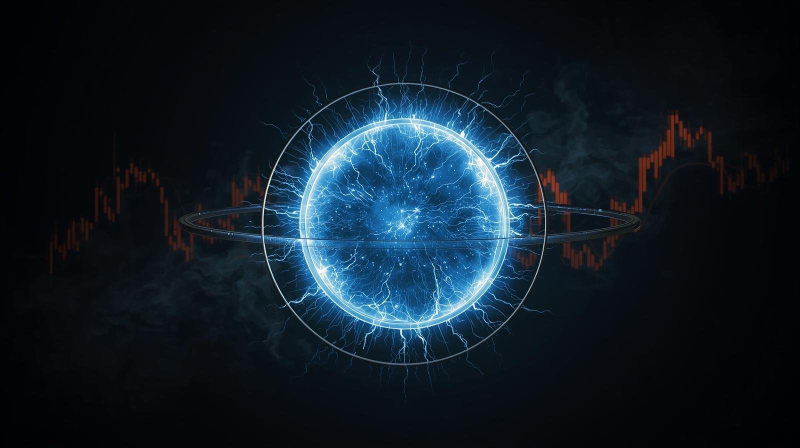 Glowing fusion plasma sphere against a dark background with faint oil market candlestick charts — GreenCandlesHub.com