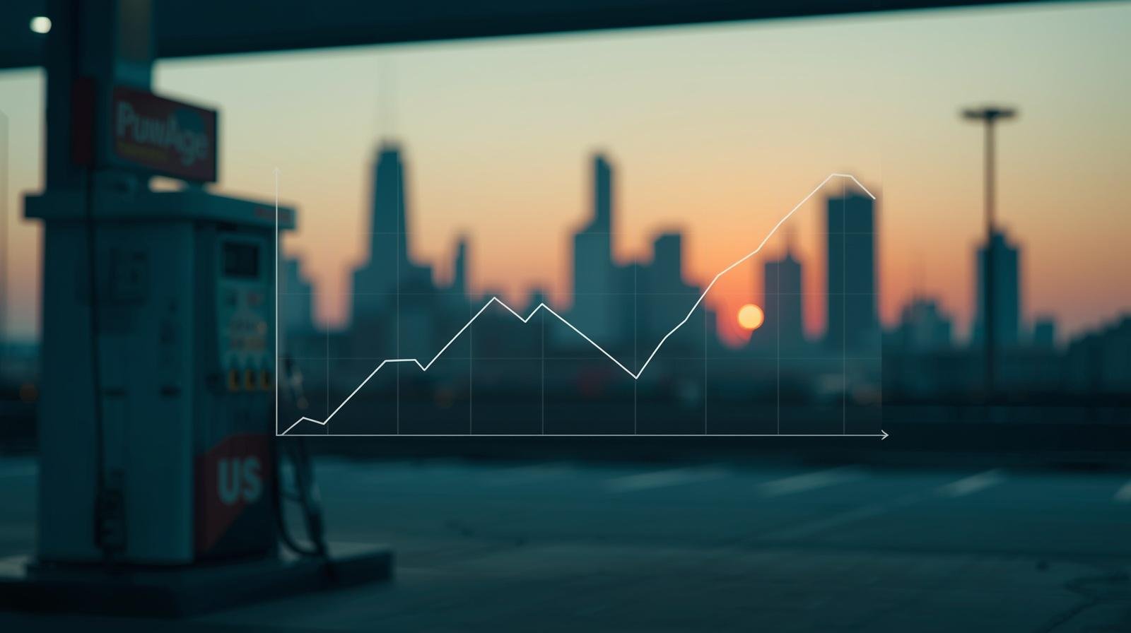 Dawn gas pumps with faint bond-vs-oil chart watermark — GreenCandlesHub.com