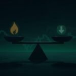Balance scale weighing inflation flame against growth slowdown arrow over dark candlestick chart background — GreenCandlesHub.com