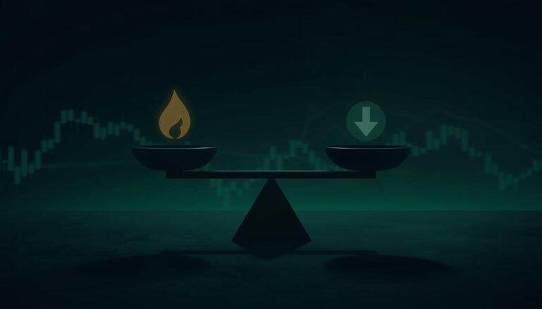Balance scale weighing inflation flame against growth slowdown arrow over dark candlestick chart background — GreenCandlesHub.com
