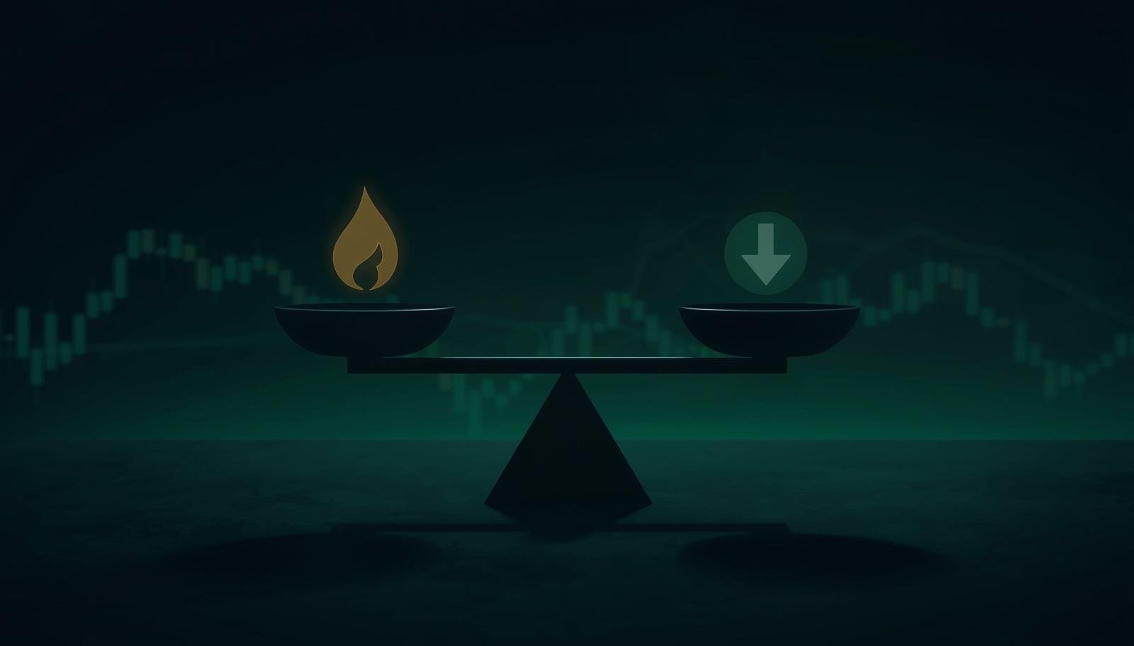 Balance scale weighing inflation flame against growth slowdown arrow over dark candlestick chart background — GreenCandlesHub.com