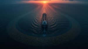 Oil tanker transiting the Strait of Hormuz with digital blockchain network overlay — GreenCandlesHub.com