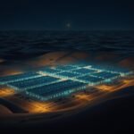 Aerial night view of a data centre in a desert — drone silhouette overhead — illustrating IRGC targeting of US cloud infrastructure in the Gulf