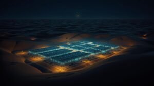 Aerial night view of a data centre in a desert — drone silhouette overhead — illustrating IRGC targeting of US cloud infrastructure in the Gulf