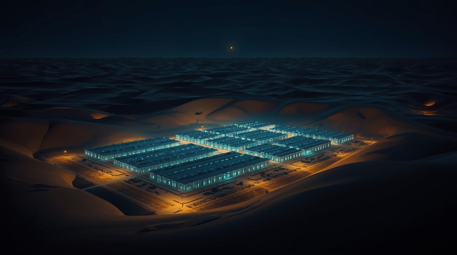 Aerial night view of a data centre in a desert — drone silhouette overhead — illustrating IRGC targeting of US cloud infrastructure in the Gulf