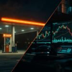 Night gas station and trading screens illustrating gasoline inflation and bond-yield stress — GreenCandlesHub.com