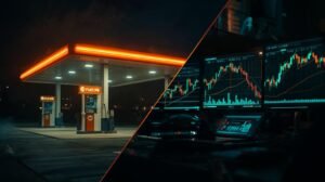 Night gas station and trading screens illustrating gasoline inflation and bond-yield stress — GreenCandlesHub.com