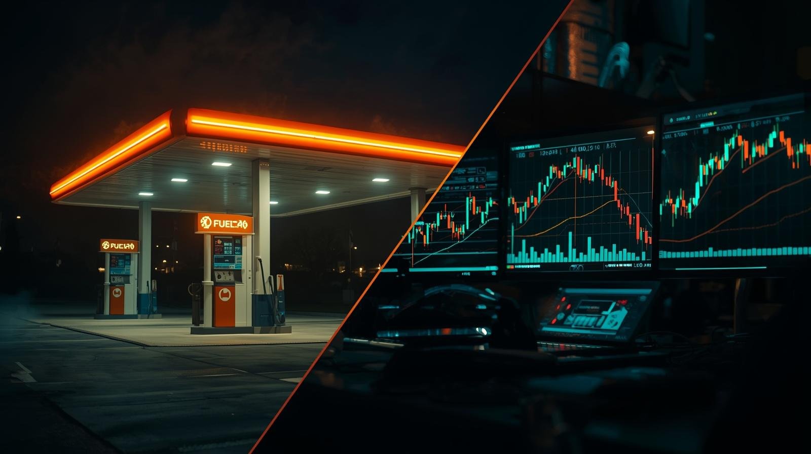 Night gas station and trading screens illustrating gasoline inflation and bond-yield stress — GreenCandlesHub.com
