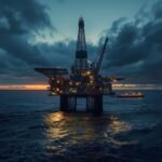 North Sea oil platform and tanker at dusk symbolizing Norway benefiting from high oil prices during a European energy shock.