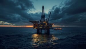 North Sea oil platform and tanker at dusk symbolizing Norway benefiting from high oil prices during a European energy shock.