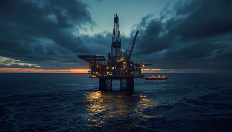 North Sea oil platform and tanker at dusk symbolizing Norway benefiting from high oil prices during a European energy shock.