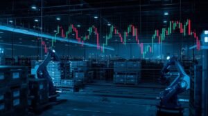 Automated warehouse robots and market chart backdrop showing execution risk in AI industrial stocks — GreenCandlesHub.com