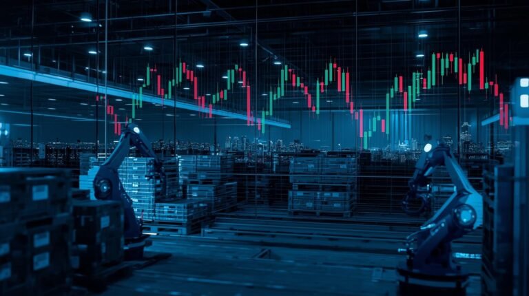 Automated warehouse robots and market chart backdrop showing execution risk in AI industrial stocks — GreenCandlesHub.com