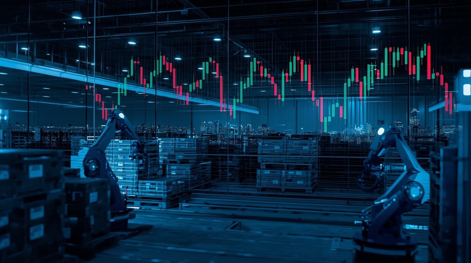 Automated warehouse robots and market chart backdrop showing execution risk in AI industrial stocks — GreenCandlesHub.com